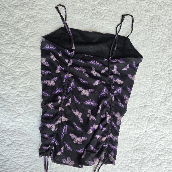 Urban Outfitters Purple Butterfly Mesh Side Cinch Drawstring Ruched Tank Top - Picture 6 of 8